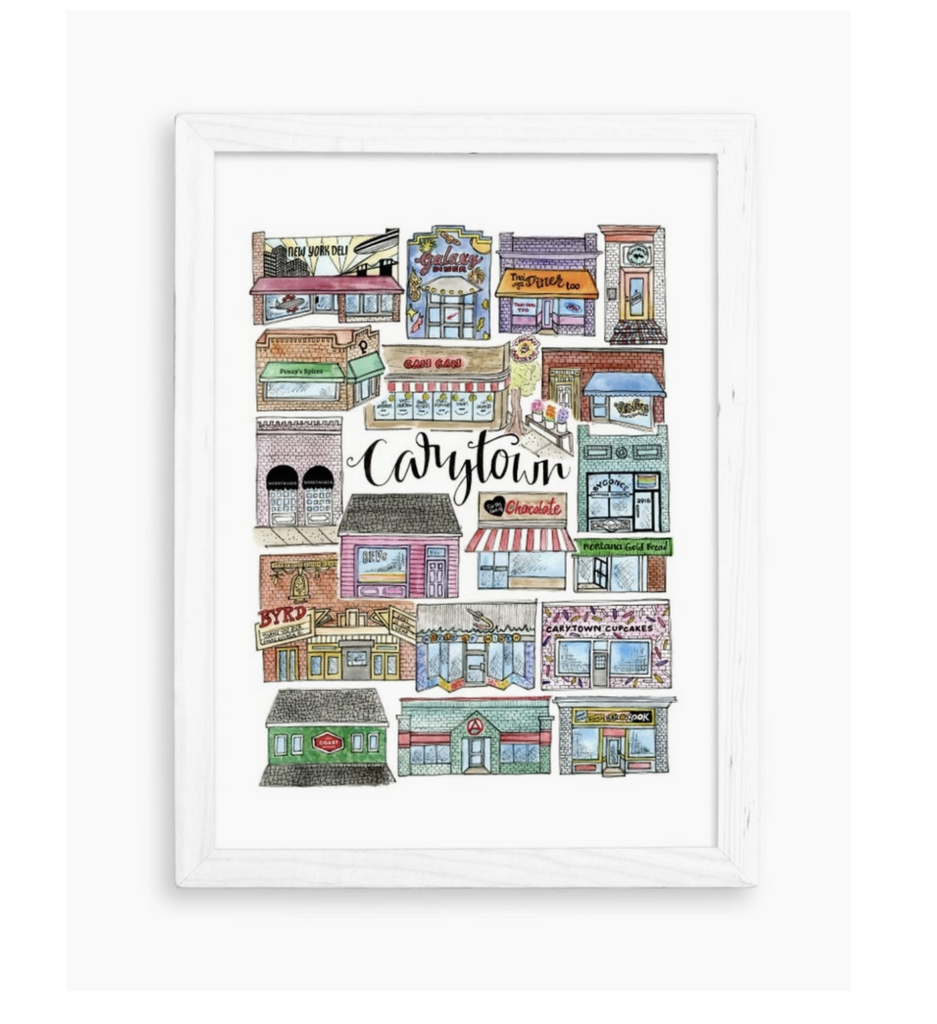 Print with drawings of various Carytown businesses including World of Mirth.