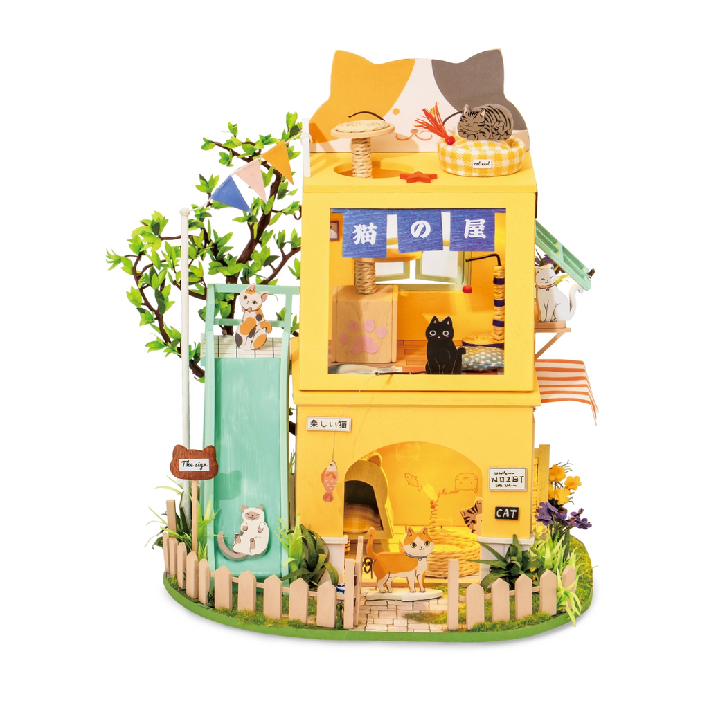 DIY Miniature Dollhouse "Cat House" Kit, 178 piece set. Includes battery, LED light, glue and all materials needed. All wooden pieces are precisely cut so they fit perfectly together. 