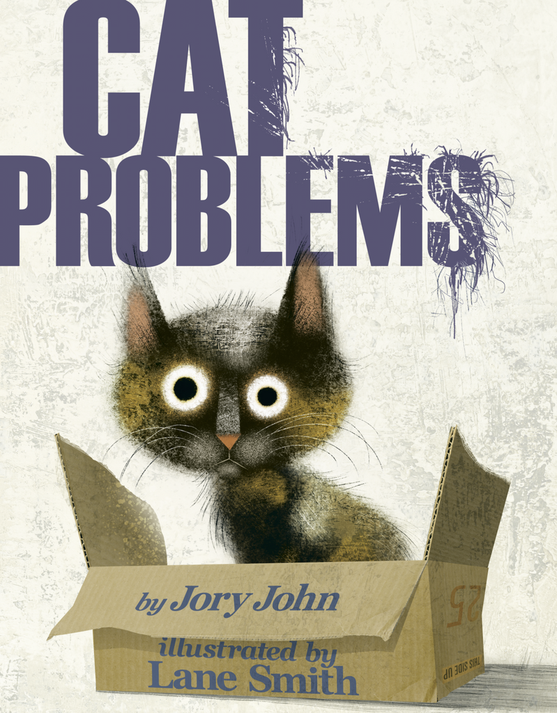 Cover of book Cat Problems by Jory John and Lane Smith. Illustration of a calico cat in a cardboard box.
