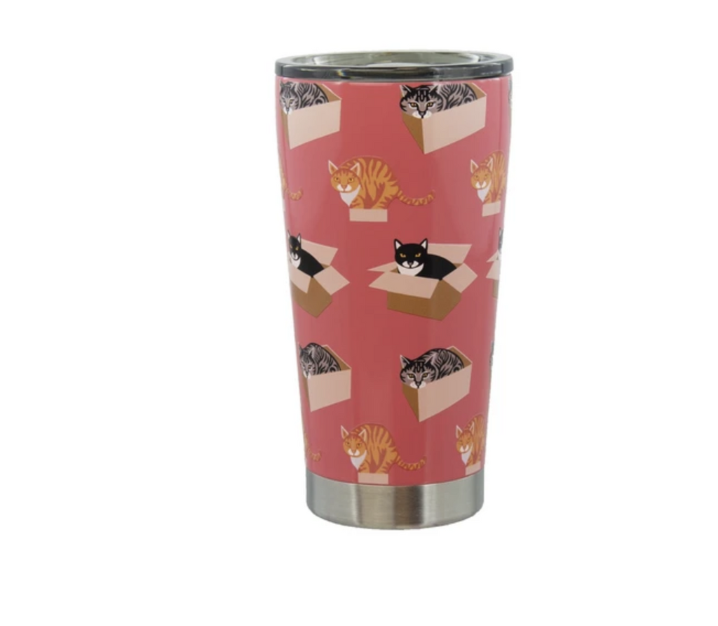Pink stainless steel travel tumbler with cats sitting in boxes print all over.
