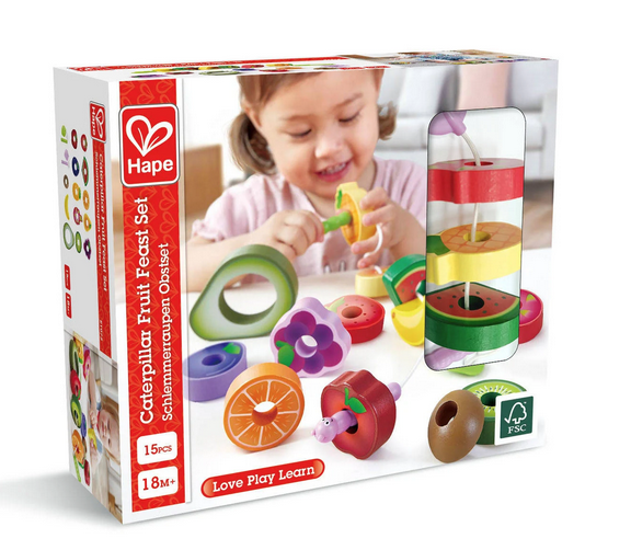 Caterpillar Fruit Feast Set.  Includes two caterpillars on strings and 13 pieces of fruit for them to nibble through!
