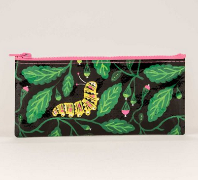 Zippered pencil pouch with a black background lots of green leaves and pink flowers with a yellow, black, and pink caterpillar. The zipper is hot pink. 