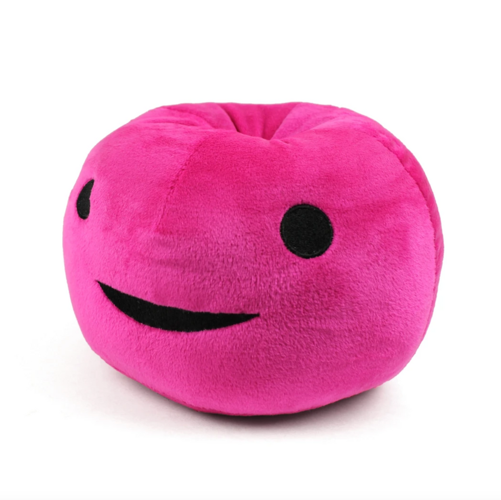 Pink plush cervix with black embroidered eyes and mouth.