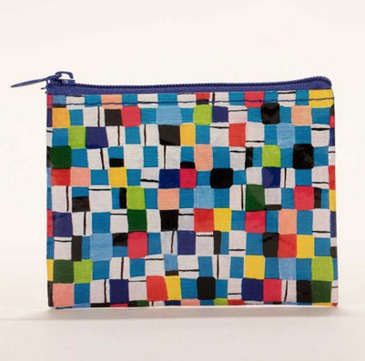 Zippered coin purse with light blue, dark blue, red, lime green, yellow, white, and pink squares in a checkerboard pattern. 