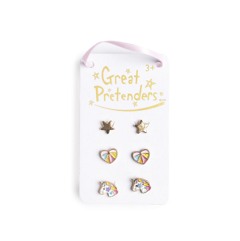 Set of 3 pairs of studded earrings: gold stars, hearts, and white and glitter unicorns.