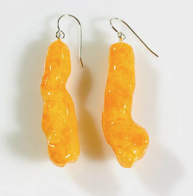 Real Cheetos dipped in glittery shellac hanging earrings.