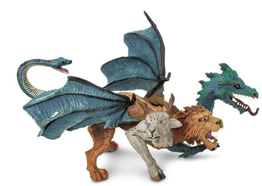 Detailed Chimera figure has the head and body of a lion, head and wings of a dragon, head and front leg of a goat, and snake for a tail.