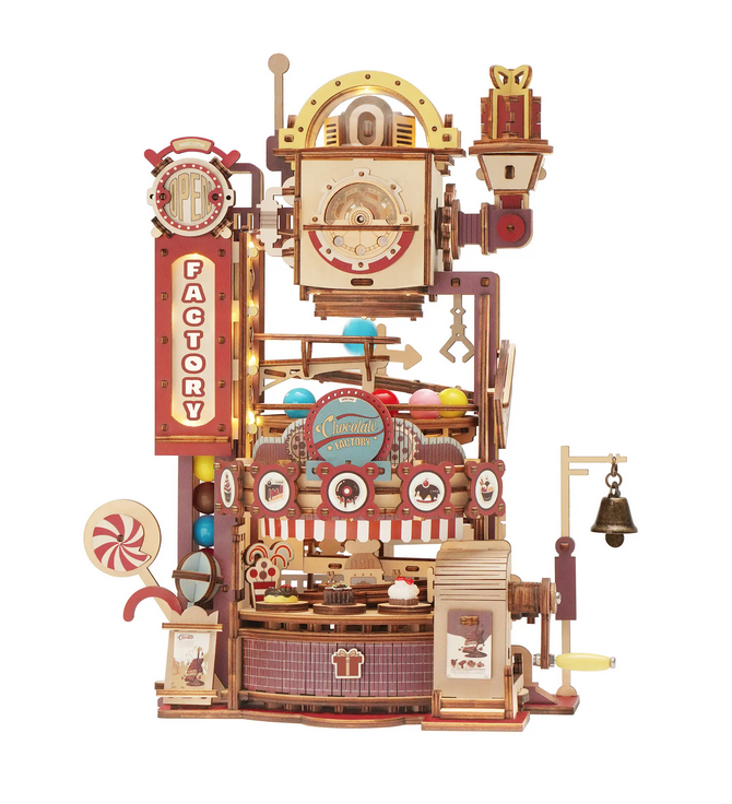 Assembled wooden Chocolate Factory Marble Run kit.