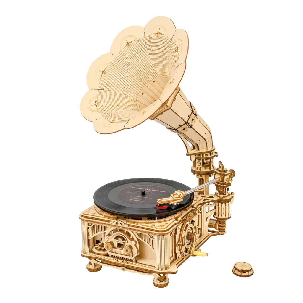 Assembled wooden Classical Gramaphone DIY model kit playing a record.