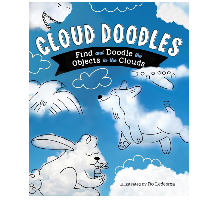 Cover for Cloud Doodles with a blue background and white fluffy clouds that have been made into animals and planes. 