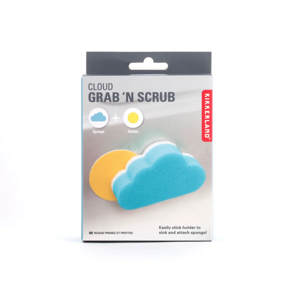 Cardboard box with picture of the Cloud Grab' n Scrub sponge and holder. 