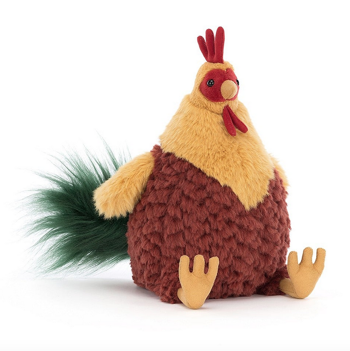 Chubby red and yellow Cluny Cockerel plush by Jellycat.