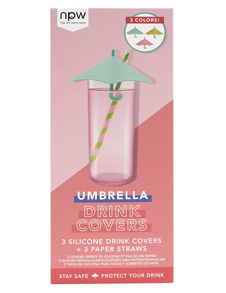 Box of Umbrella Drink Covers. 3 silicone drink covers and 3 paper straws. Stay safe. Protect your drink.