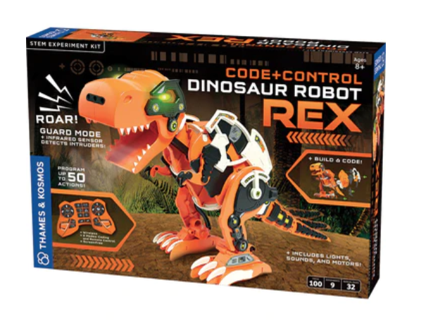 Assemble your own robotic model of the giant, powerful, ferocious Tyrannosaurus rex. Use the handheld controller to command your robot to move around in all directions, light up its eyes, and play sounds, including chowing down on food and even farting! 