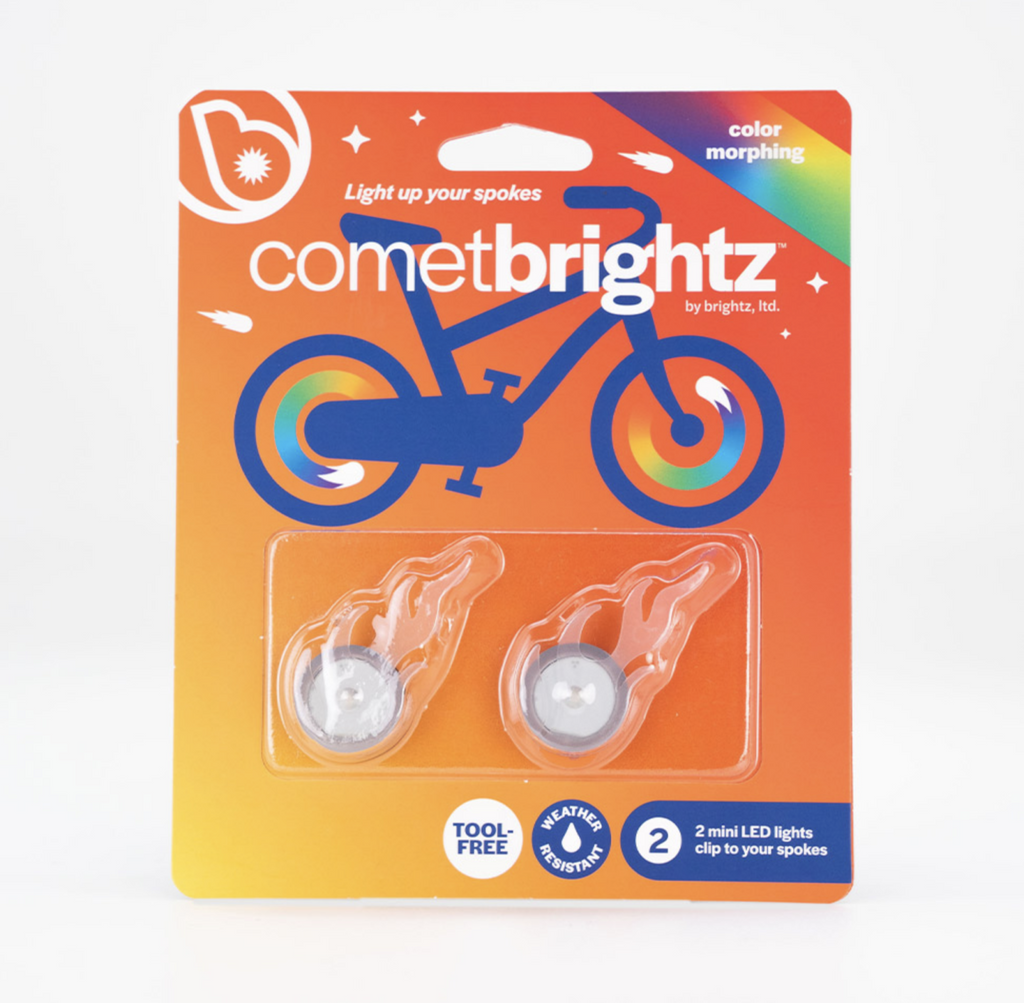CometBrightz color morphing bike spoke lights. 2 mini LED lights. Clip to your spokes. Tool free. Weather resistant. 