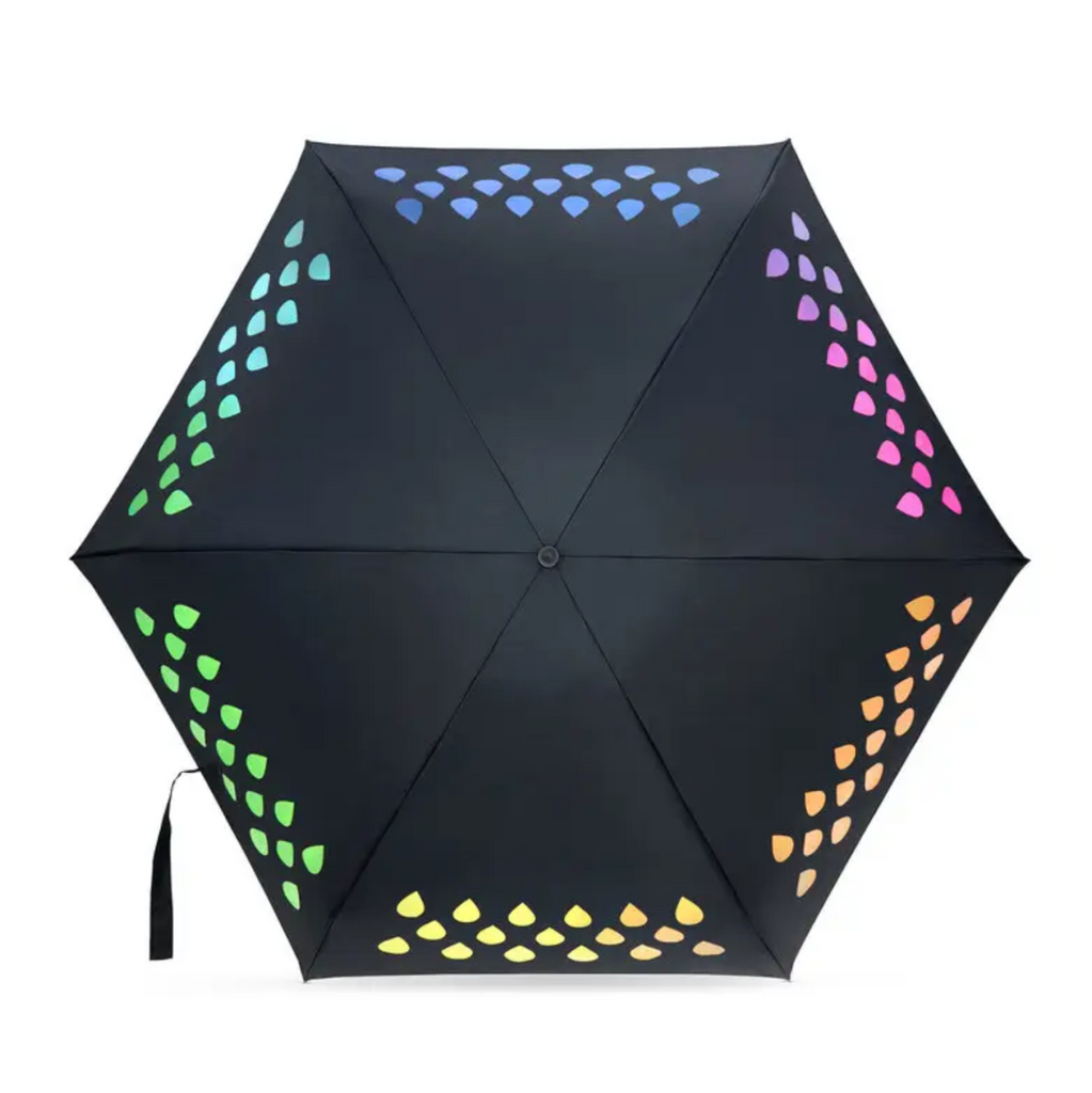 Black umbrella with white color changing water droplets along the edge that turn color when wet.