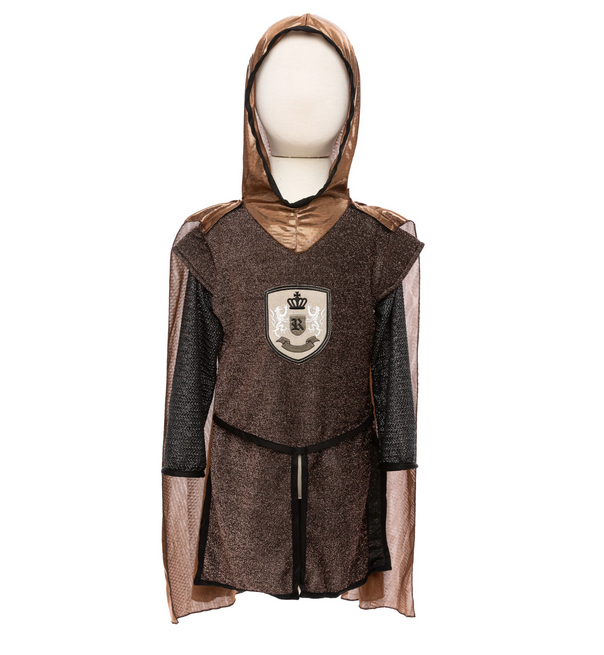 This set includes a hooded tunic and cape. The tunic is made of a beautiful sparkly brown fabric, with a lion emblem embellished on the front. The sleeves are made of chainmail-like fabric, and the hood and cape are made with beautiful iridescent copper spandex. Shown on a mannequin. 