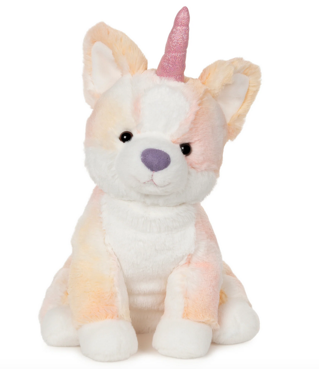 The mythical Corgicorn has arrived in a flutter of sparkle and shine! Glamour’s ultra-soft, pastel orange sherbet-colored plush is accented by swirls of pastel orange, pink, and white and topped by a sparkling iridescent pink horn.