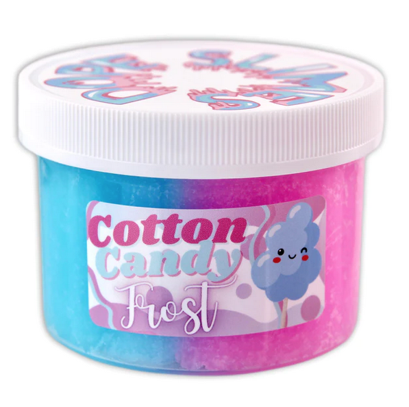 Container of pink and blue cotton candy frosting sensory play slime. Not edible.