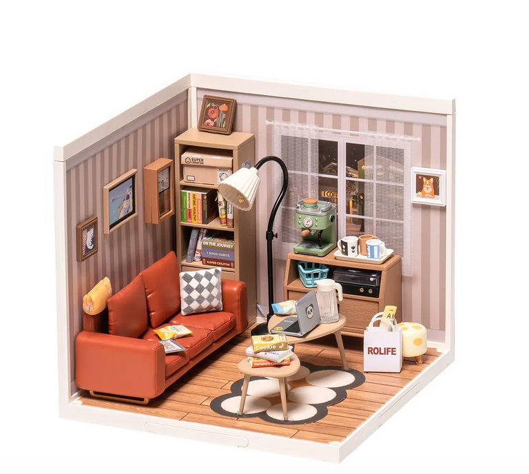 Miniature Cozy Living Lounge completed model kit. 