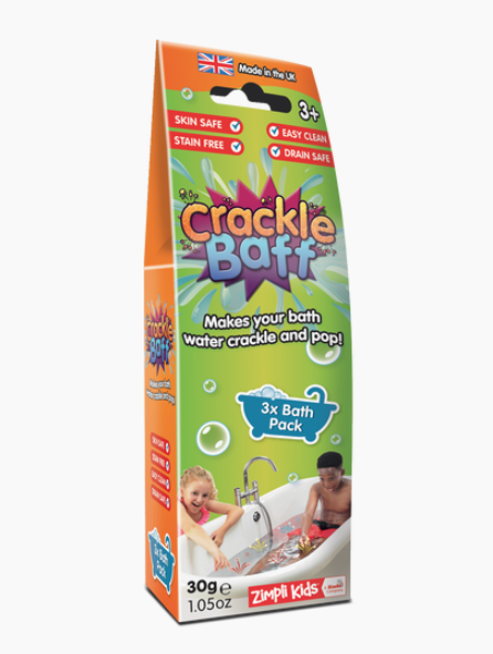 Box of Crackle Baff. Makes your bath water crackle and pop. 3 time bath pack. Skin Safe. Easy clean. Stain free. Drain safe. Ages 3 and up.
