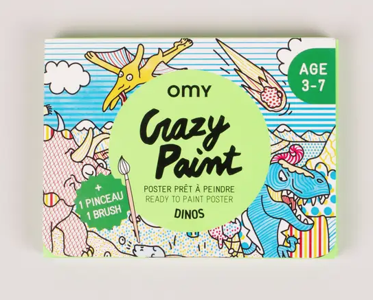 Crazy Paint Pockets Dinos box featuring a few of the dinosaurs you will find on the poster. There is a pterodactyl, stegosaurus and a t-rex.  The paper is lined or dotted with the paint built in, just add water to the inclued paint brush! 