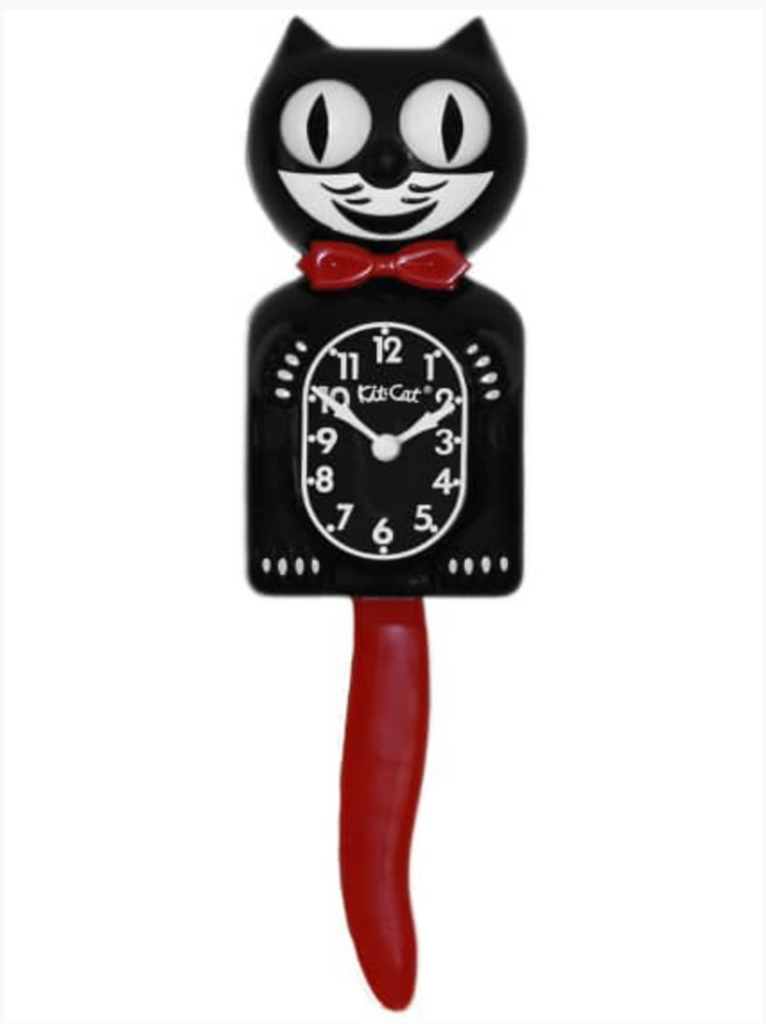 Kit Cat clock. Black body adorned with red bowtie and matching red tail