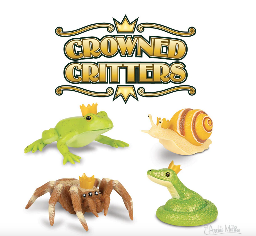 Four Crowned Critters figures. Each with a gold crown. A green frog, snail with gold and brown swirled sheel, green snake and brown spider. 