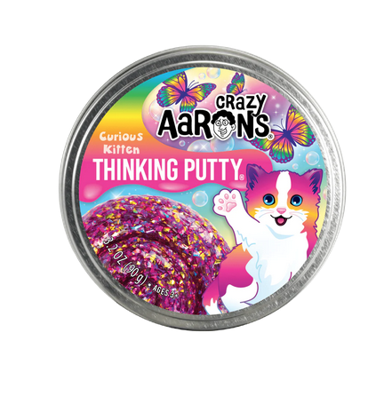 Curious Kitten Thinking Putty in a round tin with an image of a cute kitten and butterflies on the top. 