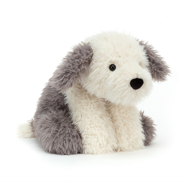 Fluffy grey and white Jellycat plush Curvie Sheep dog.