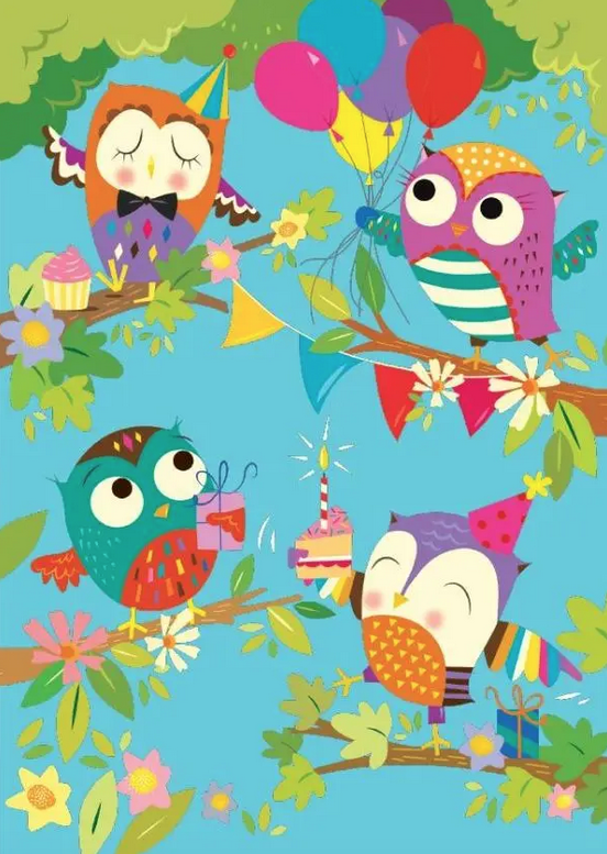 Birthday card of four owls sitting on branches holding birthday party items.
