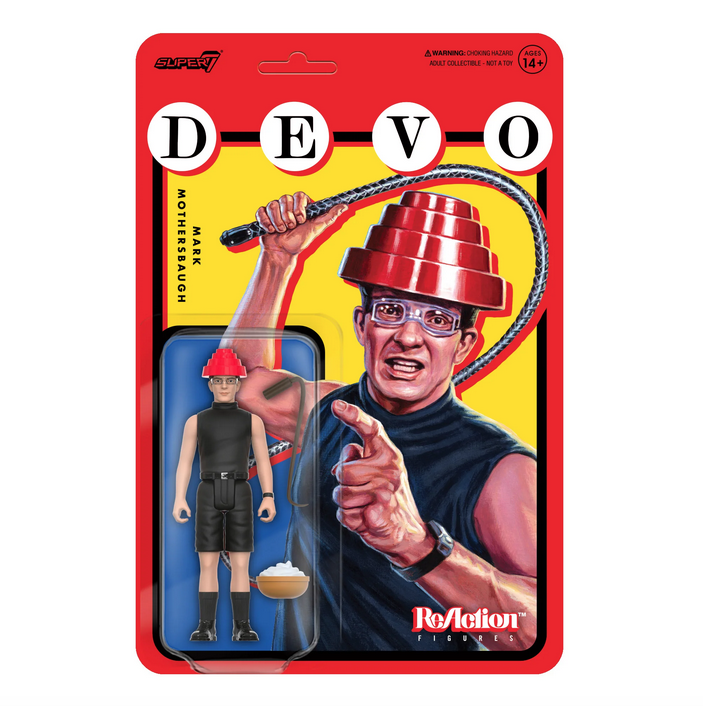 Mark Mothersbaugh DEVO articulated action figure on a red and yellow hang card, featuring an illustration of Mark Mothersbaugh cracking the whip. 