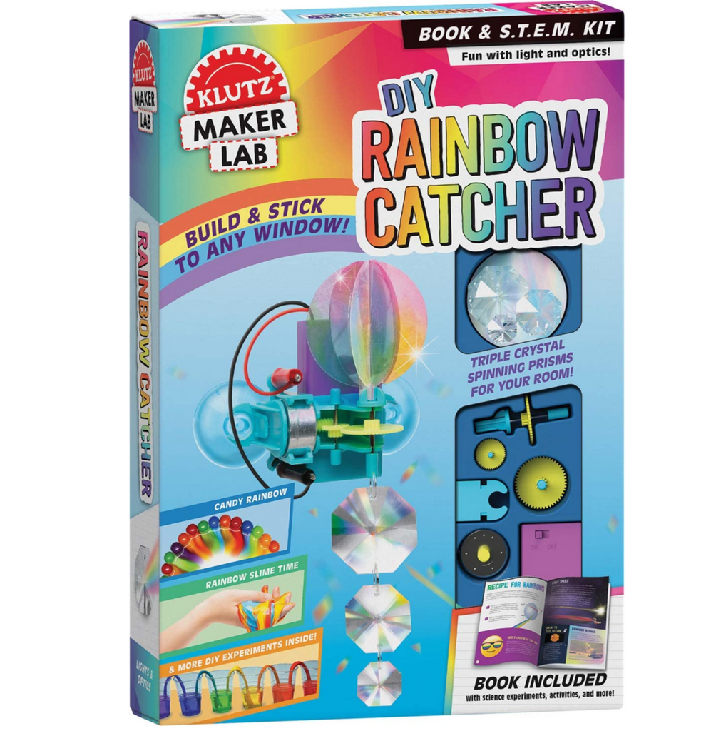 Klutz Maker Lab DIY rainbow catcher. Build and stick to any window. Triple crystal spinning prisms for your room. Book included with science experiments, activities, and more.