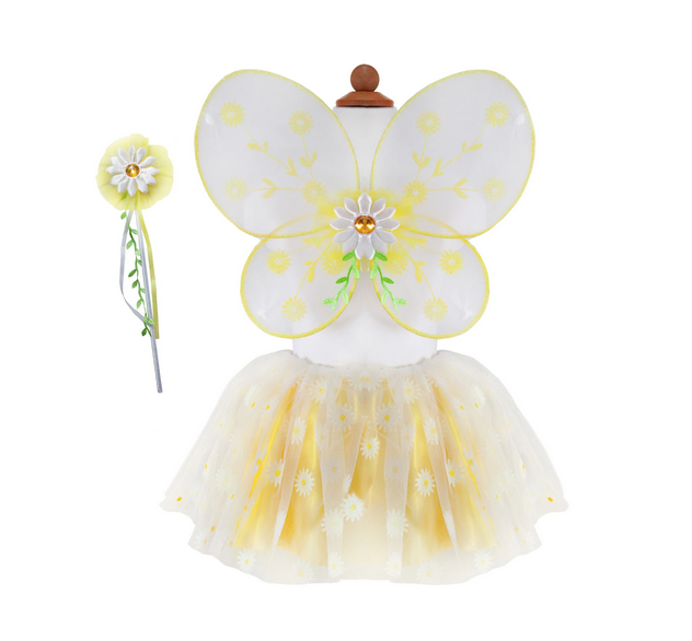 Yellow and white daisy tulle skirt with a daisy magic wand and white and butterfly butterfly wings.