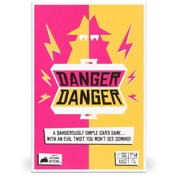 Game box for Danger Danger it is two toned with hot pink and yellow. An illustration of a spy with an open briefcase that reads "Danger Danger" is on the front.