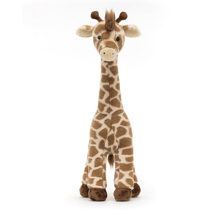 Dara Giraffe plush from the front. It's brown and tan fur running from it's hooves to the top of it's head. 