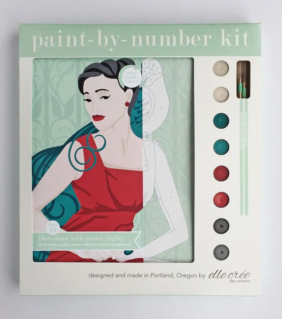 Paint by number kit of a retro light skin toned art deco style woman in a red dress with a peacock on her shoulder.