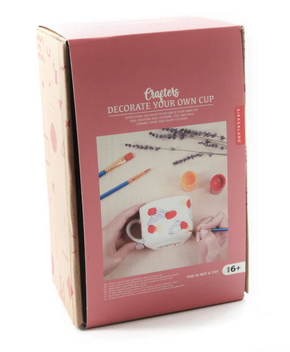 Everything you need to decorate your own one of a kind cup. Kit includes: Cup. Brushes. Ceramic paint and shape stickers.