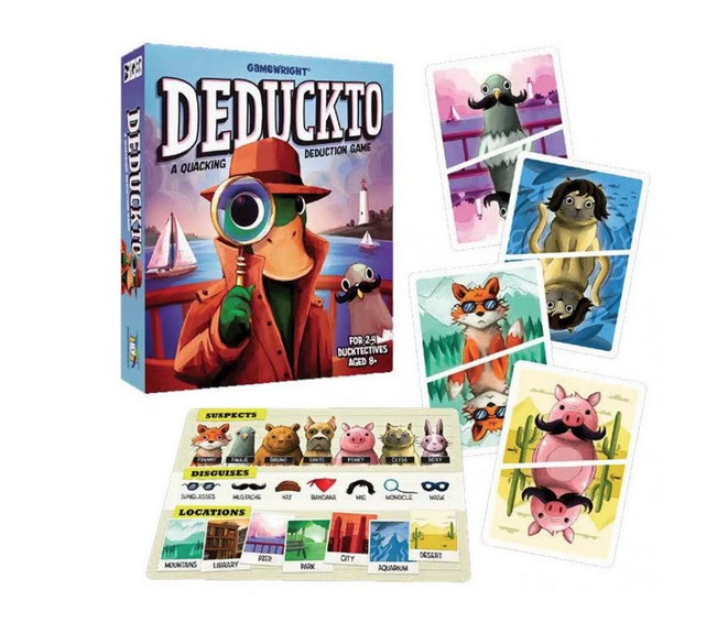 A Quacking Deduction Game. Put your sleuthing skills to the test in this race to nap your secret suspect! Use logic and deduction to figure out the animal, disguise, and location on your hidden card. Be the first to suss out your suspect and win! 