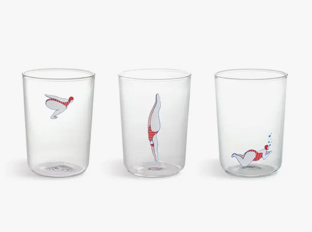 Set of 3 Deep Dive glasses in a row. A swimmer on each glass ready to dive or swimming. 