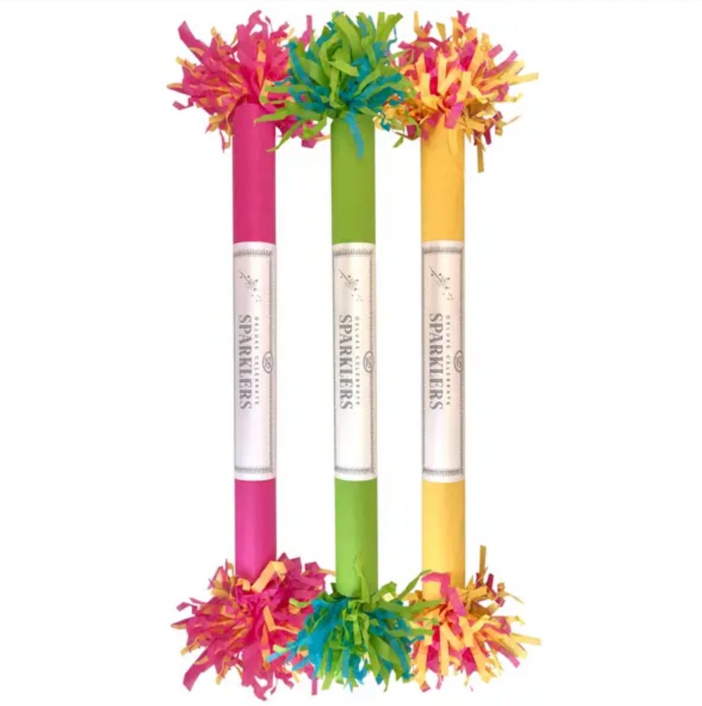 Bright colored paper tubes of deluxe sparklers.