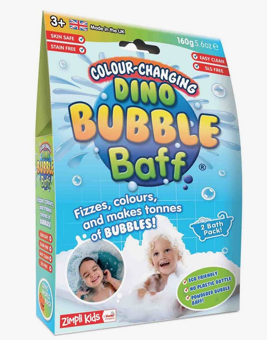Color changing dino bubble baff. Fizzes, colors, and makes lots of bubbles. 2 bath pack. Skin safe. Easy to clean, Ages 3 and up.
