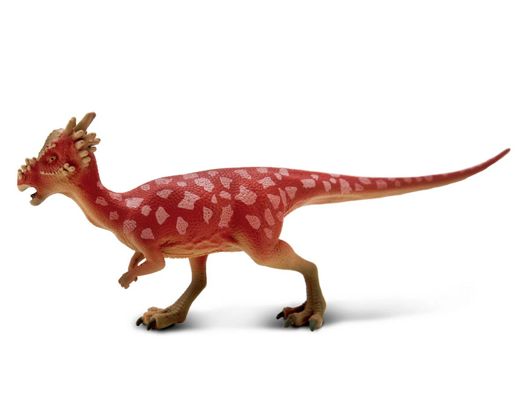 The Dino Dana Stygimoloch figure has a rosy red body with lighter splotches along its length.