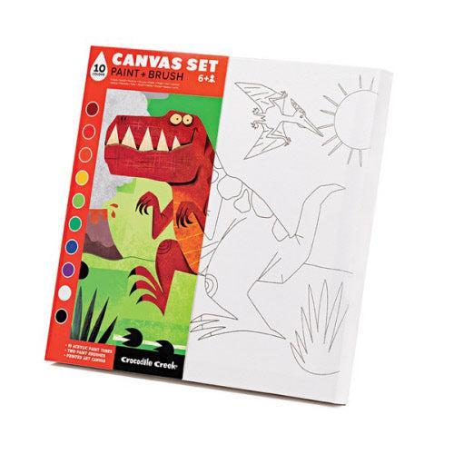 Dinosaur Canvas Set includes real printed artist canvas on a wood frame 10"x 10". 10 Non-toxic acrylic paints. 2 Paint brushes. 