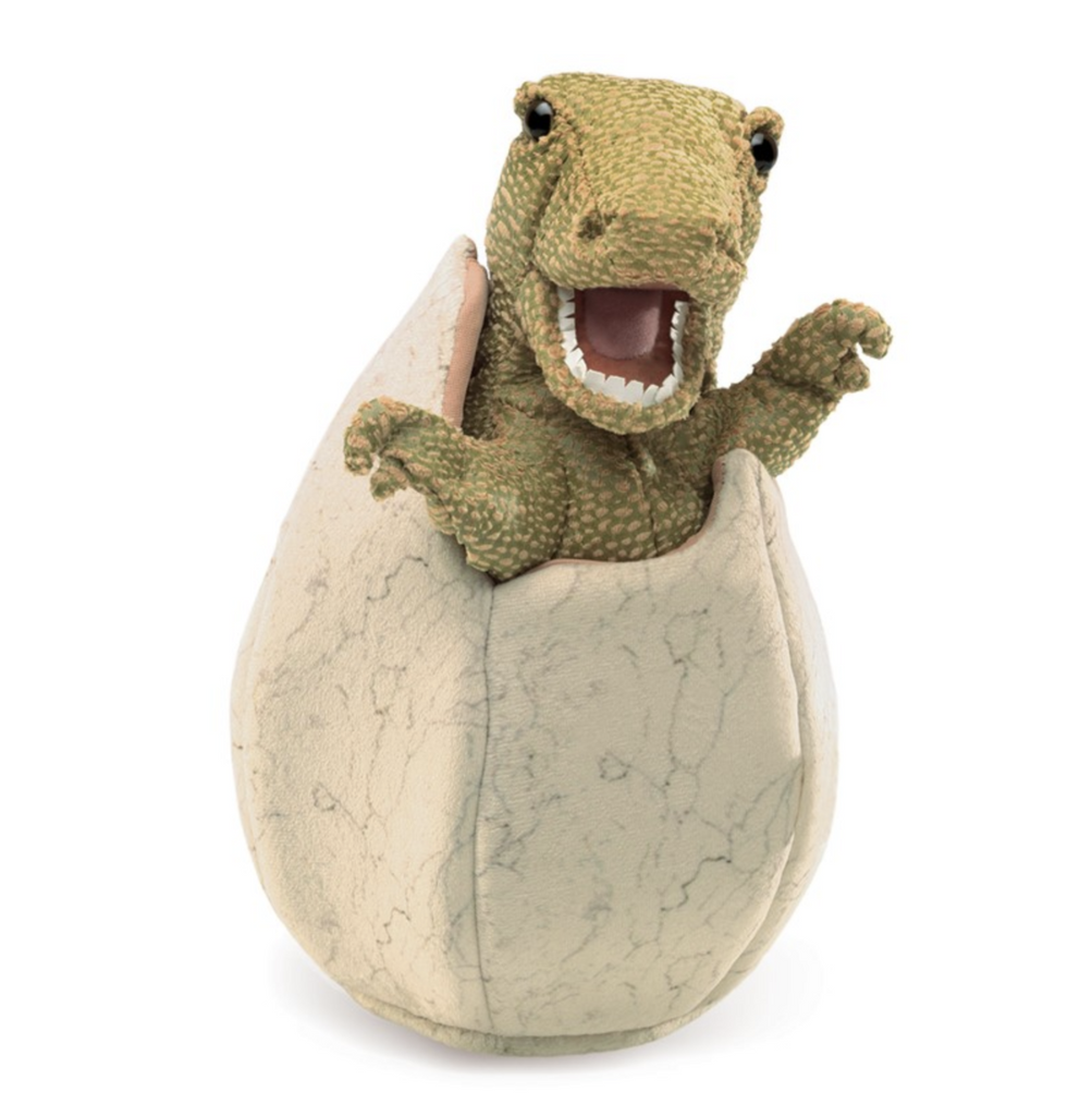Green baby dinosaur hatching out of its egg hand puppet.