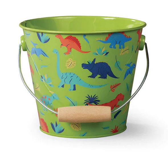 This beautifully painted, metal gardening pail features dinosaurs on a green background. 