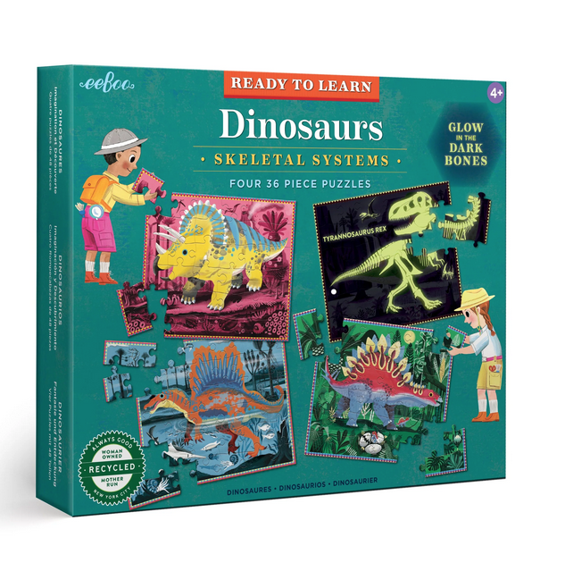The Dinosaur Skeletal Systems puzzles box. 4 different dinosaur puzzles: T-Rex, Spinosaurus, Triceratops, and Stegosaurus, with an extra surprise: Turn out the lights to see their bright glow-in-the-dark skeletons! 