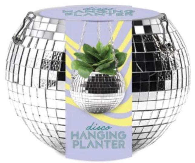Mirrored disco ball hanging planter.