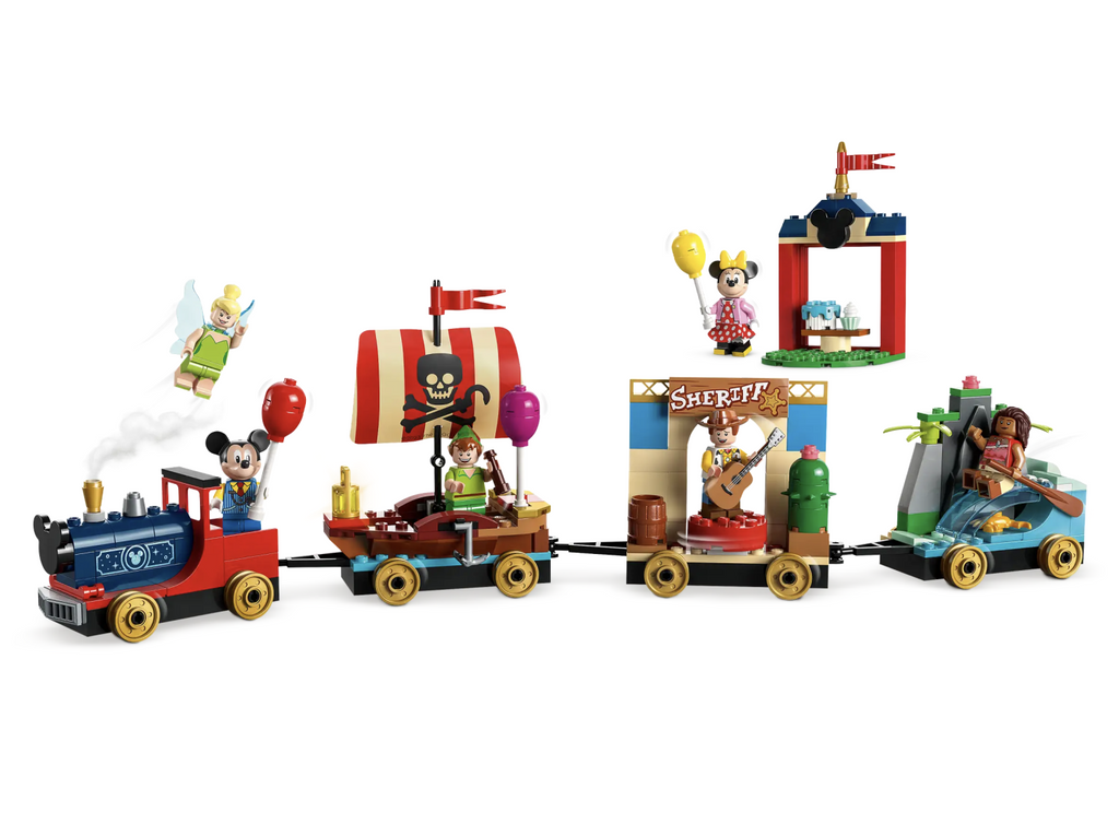 Disney Celebration Train Lego set constructed with mini figures in each train car.