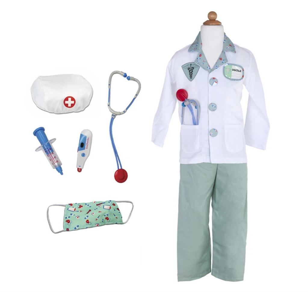 Dress up doctor set features a child size white coat with doctor name badge, green scrub pants, a pattern mask, a white surgeon's cap, stethascope, play thermometer, and play suringe.